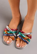 Klapki i japonki damskie - Srebrne Klapki Płaskie z Ozdobnymi Paseczkami Alerila - miniaturka - grafika 1