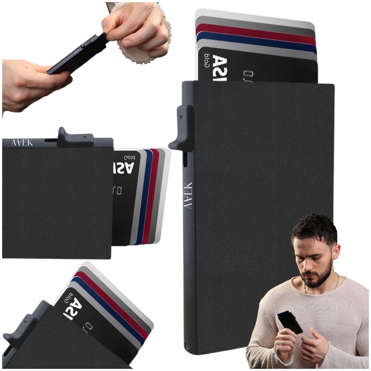 PORTFEL ETUI NA KARTY MĘSKI SLIM ELEGANCKI WALLET CZARNY OCHRONA KART RFID / AVEK