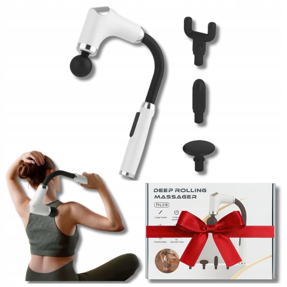 Masażer Z Długim Uchwytem Do Karku I Pleców 4 Wymienne Końcówki Prezent