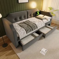 Łóżka - Flieks rozkładana sofa tapicerowana 90x200cm z USB i lampką do czytania, łóżko do przechowywania, łóżko pojedyncze z 2 szufladami, funkcjonalne łóżko dzienne rozkładana sofa, aksamit, szary - miniaturka - grafika 1