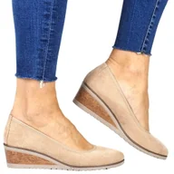 Półbuty damskie - DAMSKIE PÓŁBUTY NA KOTURNIE MOKASYNY POTOCKI 10523 BEŻOWE ZAMSZOWE - miniaturka - grafika 1