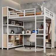 Łóżka dla dzieci i młodzieży - Łóżko piętrowe 140x200 cm - z biurkiem i półką - z szafą - z drabinką - Metal + płyta wiórowa - Biały + Naturalny - miniaturka - grafika 1