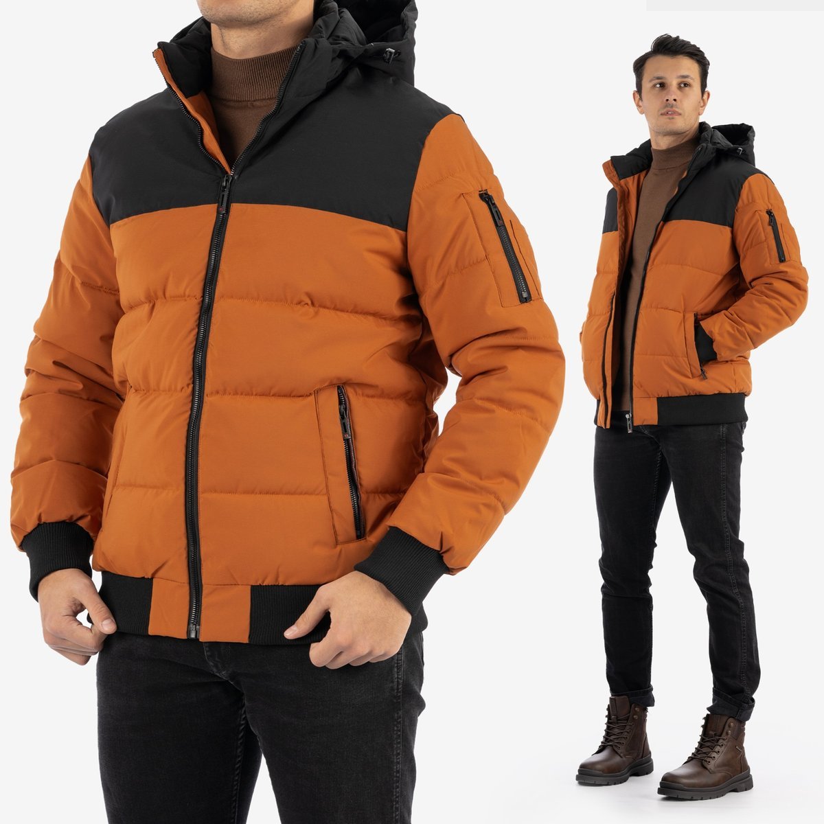 Kurtka Męska Pikowana Klasyczna Z Kapturem Jesień Zima Brązowa TL-503 M Brązowy