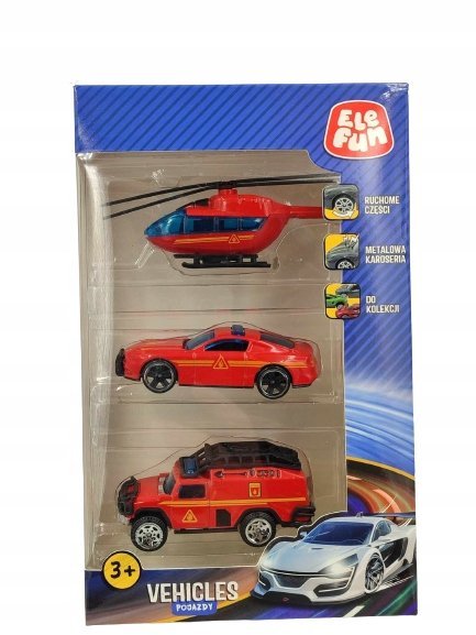 Elefun pojazdy STRAŻ POŻARNA Auta Resoraki Samochody Helikopter 3szt