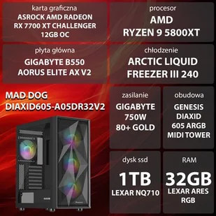 Komputer MAD DOG DIAXID605-A05DR32V2 R7-5800XT 32GB RAM 1TB SSD Radeon RX7700XT Wi-Fi - Zestawy komputerowe - miniaturka - grafika 1