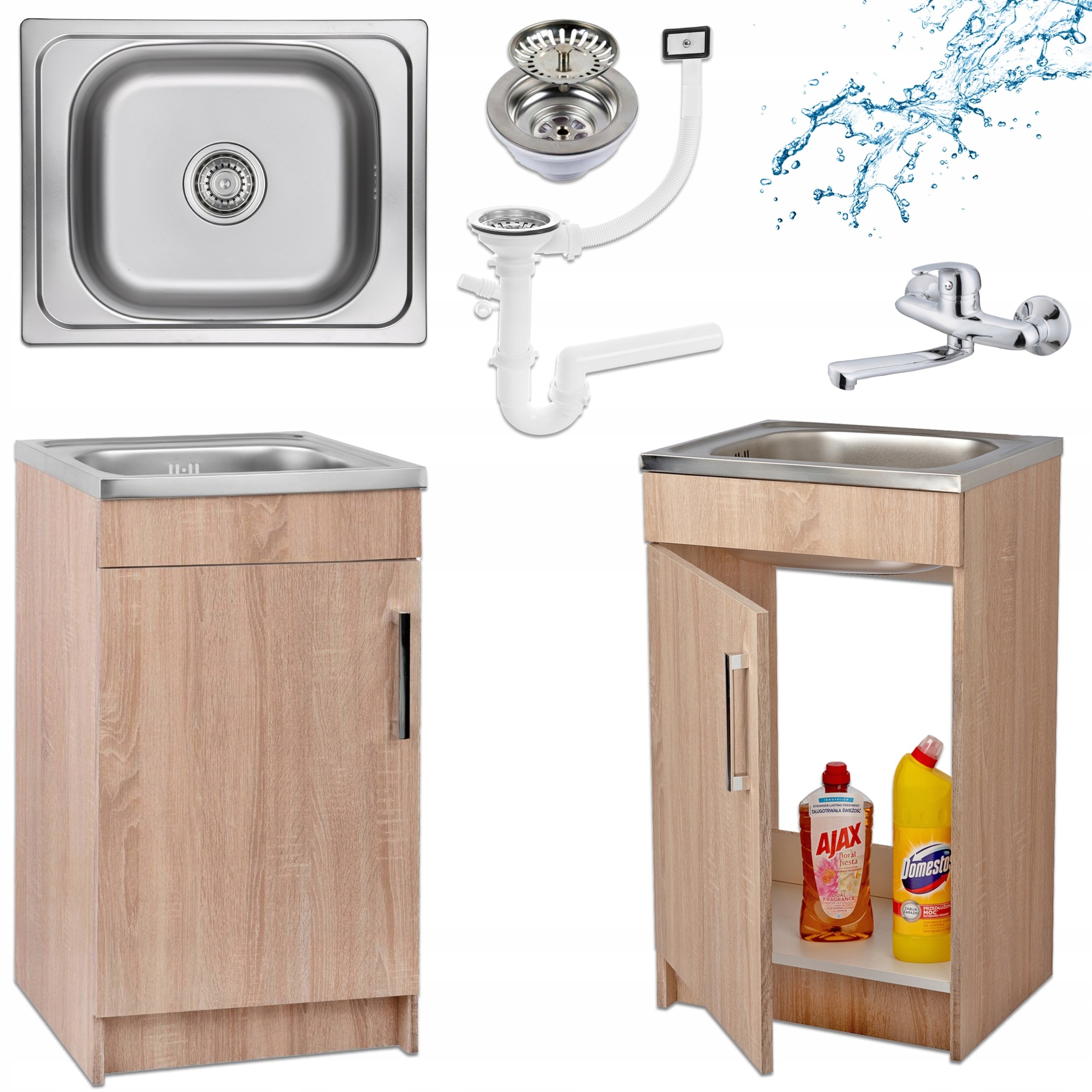 Szafka Kuchenna Sonoma + Zlewozmywak 50 x 40 + Bateria Ścienna Chrom Syfon