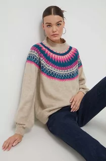 Swetry damskie - Superdry sweter damski kolor beżowy z półgolfem - grafika 1