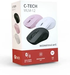 C-TECH WLM-12 Dual mode, bezprzewodowa, BT5.0 + 2,4GHz, 1600DPI, 6 tlačítek, USB nano receiver, růžová - Myszki - miniaturka - grafika 1