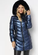 Kurtki damskie - Granatowa Pikowana Kurtka z Kapturem Ozdobionym Futerkiem Kavenna - miniaturka - grafika 1