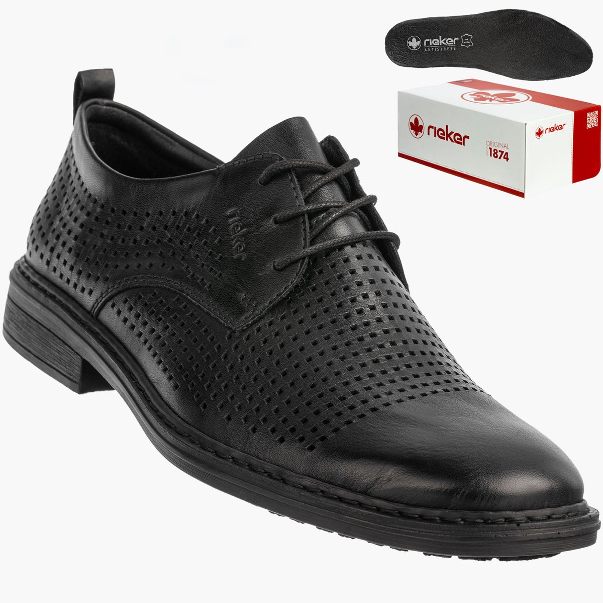 Buty Męskie RIEKER Półbuty Skórzane Eleganckie Wizytowe Czarne 17626-00 Czarny 46