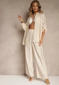 Komplety damskie - Jasnobeżowy Wiskozowy Komplet o Luźnym Kroju z Koszulą i Spodniami Sesorilia - miniaturka - grafika 1
