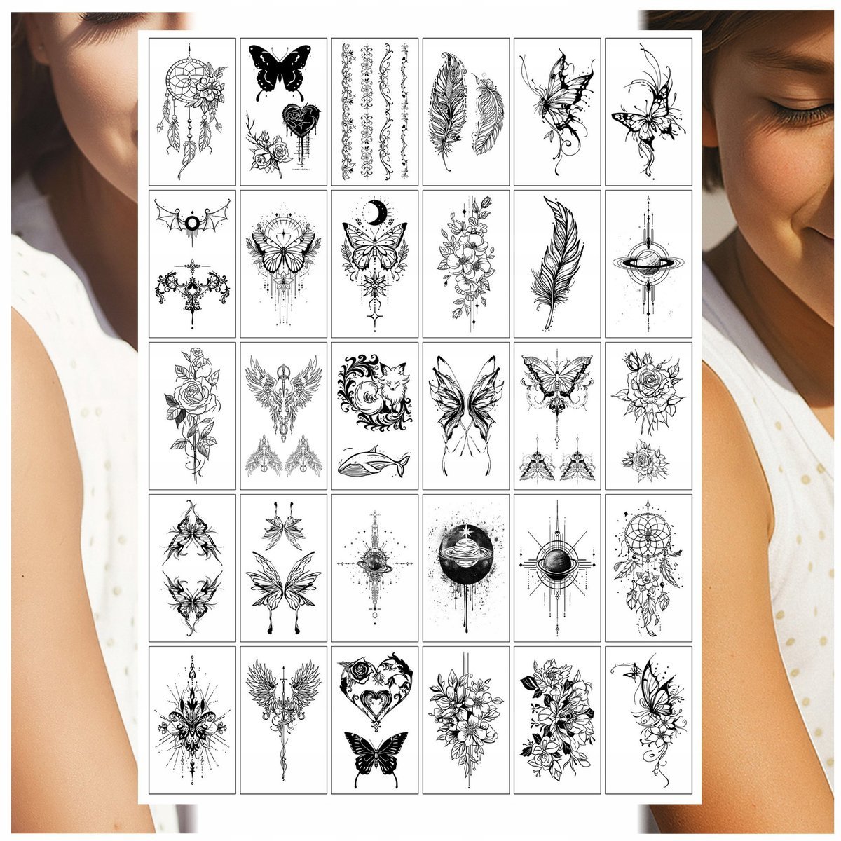 TATUAŻE ZMYWALNE DLA DZIECI MOTYL PIÓRKO SKRZYDŁA MIX 30 WZORÓW