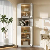 Szafki łazienkowe - Szafka narożna łazienkowa - 2 drzwi i 1 wnęka do przechowywania - 45 x 45 x 166,5 cm - diody LED - płyta MDF - biała - miniaturka - grafika 1