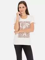 Koszulki i topy damskie - Biały t-shirt damski z cekinową aplikacją L'AF Paris - miniaturka - grafika 1