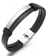 Bransolety męskie - Bransoletka męska skórzana czarna stal srebrna 21cm - miniaturka - grafika 1