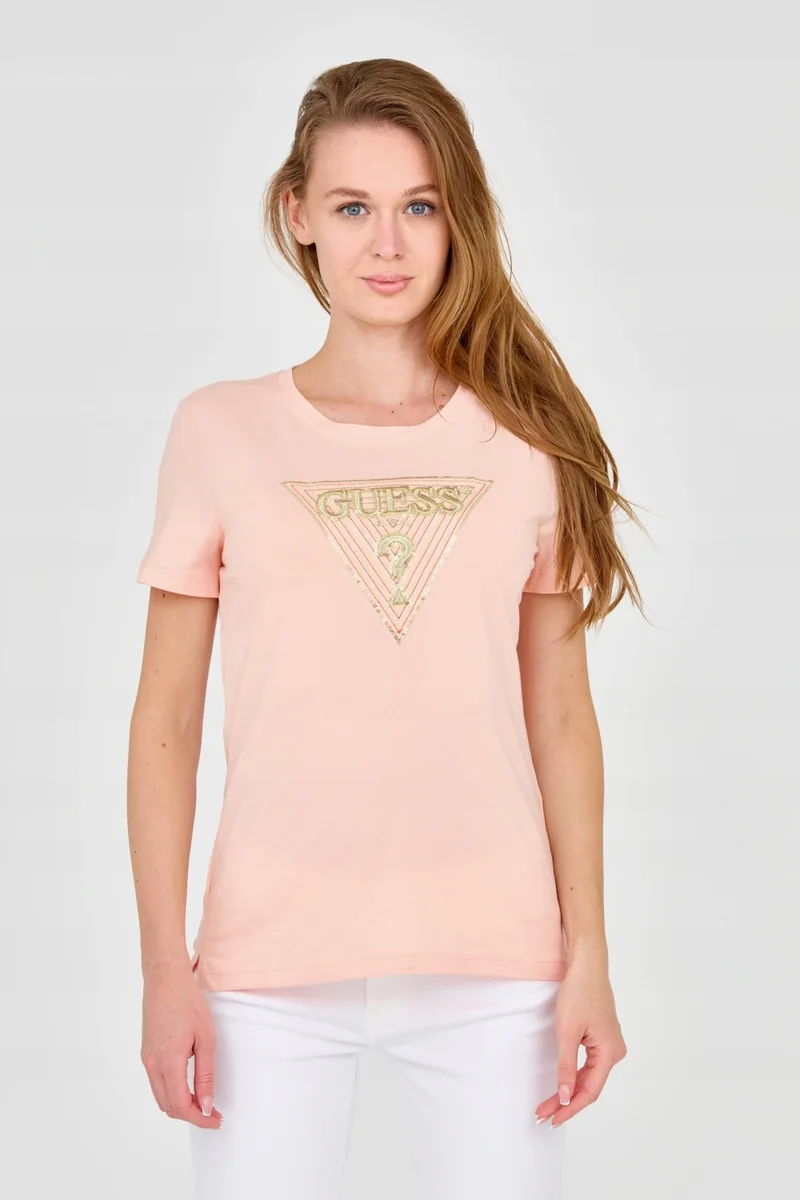 GUESS Damski t-shirt z dużym zdobionym logo S