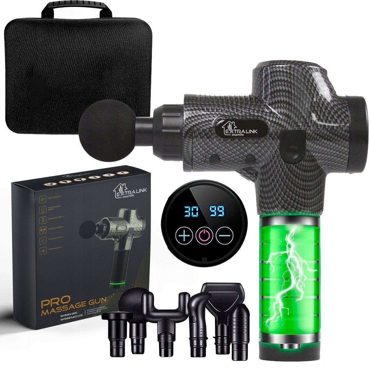 Mocny Masażer Pistolet Do Masażu Extralink Gun Pro Czarny 3800Rpm 6Końc