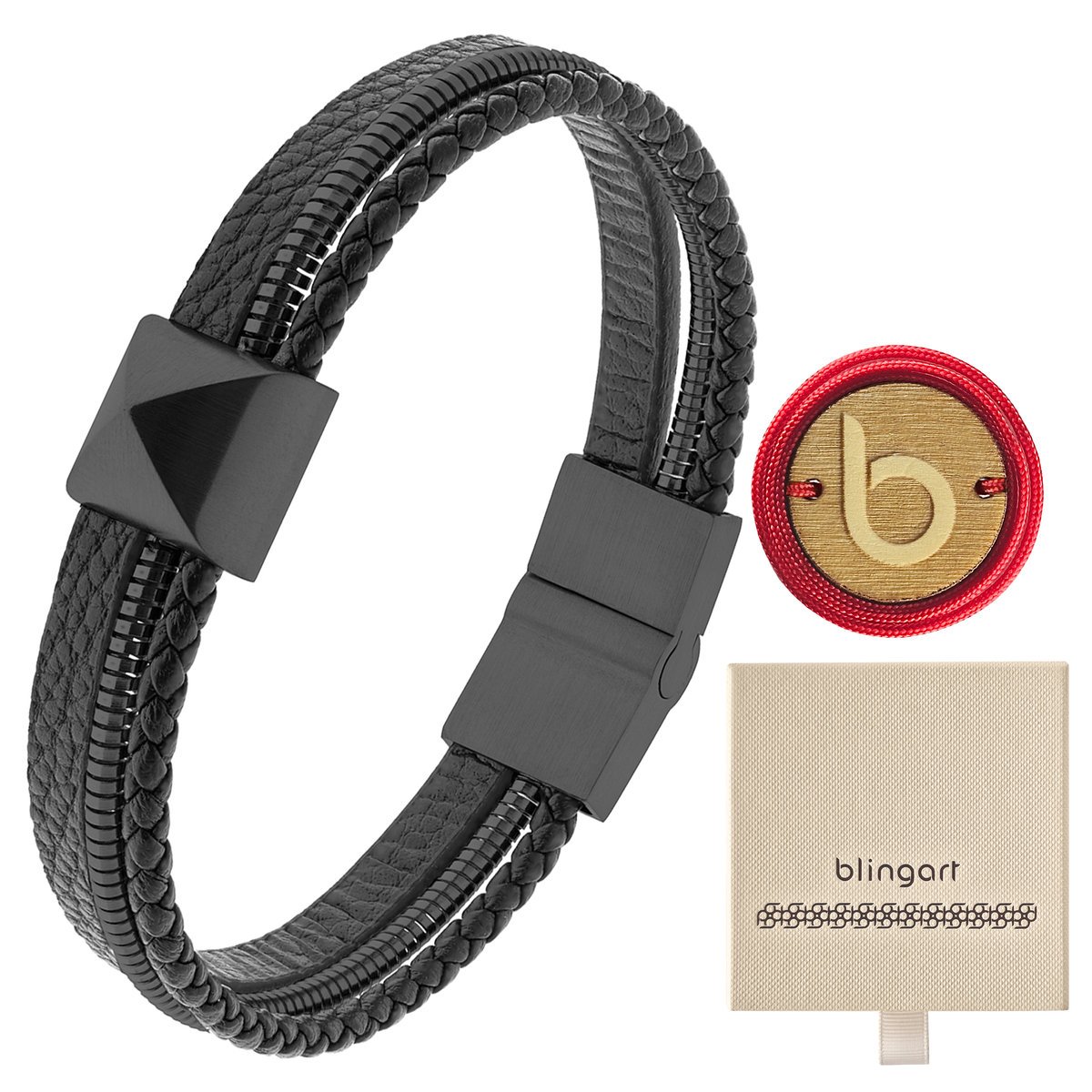 Bransoletka męska SKÓRZANA blaszka piramida STAL k