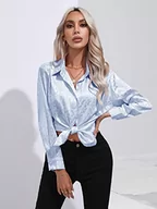 Koszule damskie - Clotth Damska koszula satynowa w leopard, koszula z długim rękawem z satynowego jedwabiu Button Down Shirt, jasnoniebieski-XL, XL - miniaturka - grafika 1