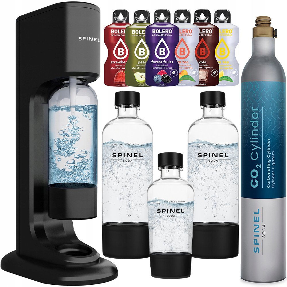 Saturator wody SPINEL SODA BubbleON, 10 szt. – 3 butelki BPA Free + 6 napojów CO2 zestaw gazowania wody gazowana ekologiczna bez cukru oszczędność C..