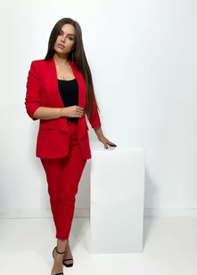 DAMSKI ELEGANCKI GARNITUR KOMPLET BRAVO MARYNARKA + CYGARETKI - CZERWONY - Bravo Moda - Marynarki i żakiety damskie - miniaturka - grafika 1