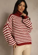 Swetry damskie - Bordowy Golf z Dodatkiem Wełny Ozdobiony Paskami Monarria - miniaturka - grafika 1