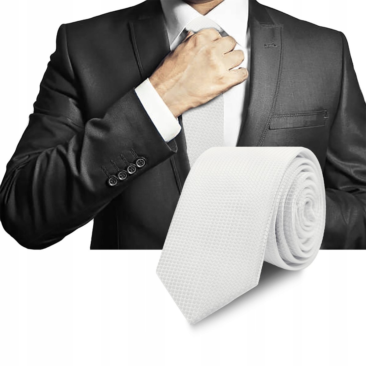 Elegancki KRAWAT Męski WĄSKI w Krateczkę BIAŁY Śledź M.27 Pako Jeans