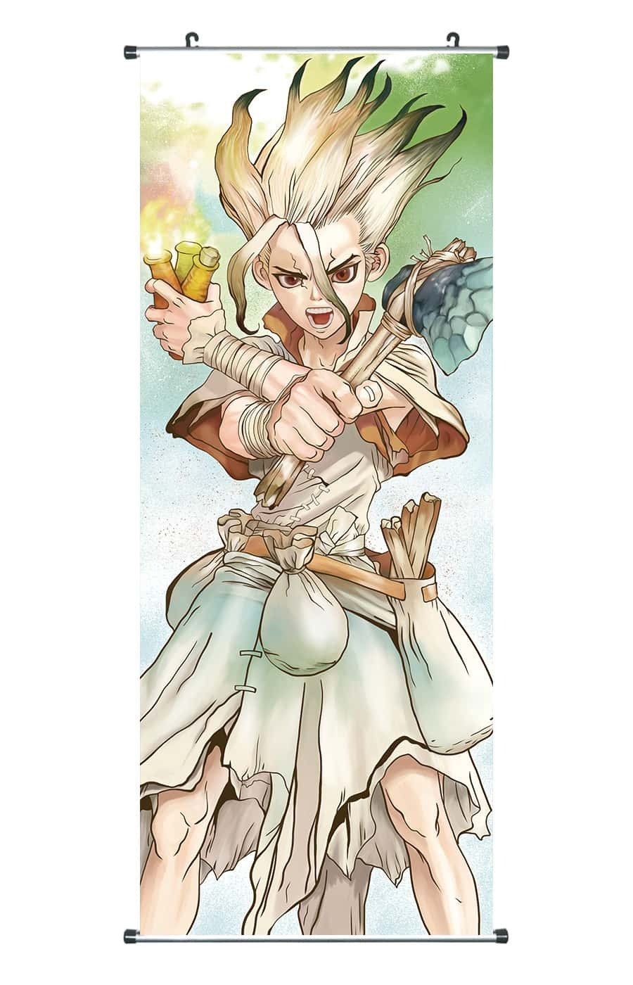Duży obraz zwoju Dr Stone Kakemono wykonany z tkaniny Plakat 100x40cm Motyw: Ishigami Senkuu