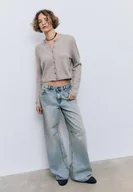 Swetry damskie - Stradivarius Sweter z dzianiny z guzikami, miękki w dotyku Szary S - miniaturka - grafika 1