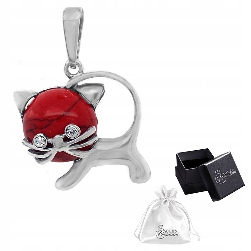 Zawieszka srebrna pr. 925 Wisiorek KOTEK z KORALEM i Cyrkoniami