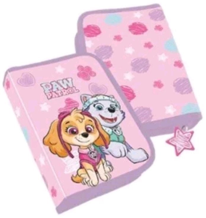 Paw Patrol Girls Filled single decker pencil case, 300D polyester with glitter printed stars, 20 x 12.8 x 3 cm. Contents: 8 triangular sharpened colour pencils, 1 triangular sharpened pencil, pencil sharpener, 15 cm ruler, 1 big eraser 13 x 4.5 x 1 cm. P