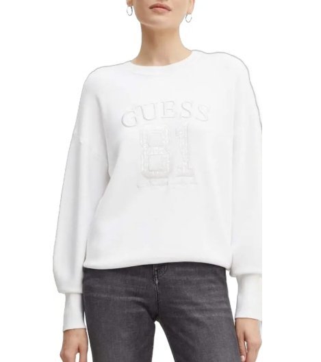 GUESS BIAŁY SWETER DAMSKI Z NADRUKIEM I DŁUGIM RĘKAWEM S GMA