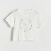 Koszulki dla dziewczynek - Reserved - Bawełniany t-shirt z nadrukiem - Kremowy - miniaturka - grafika 1