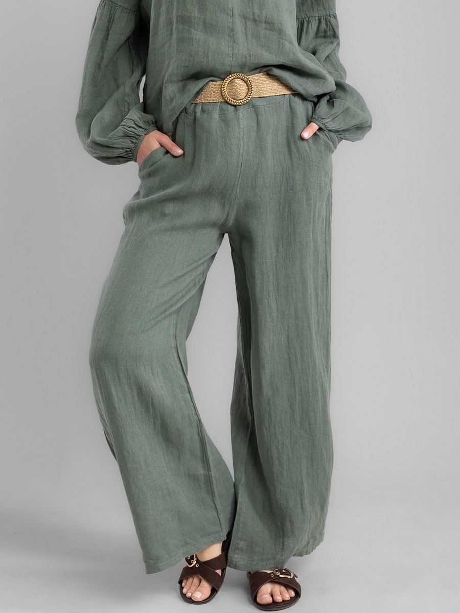 SPODNIE DAMSKIE LNIANE WIDE LEG Z PASKIEM