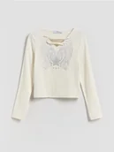 Bluzki dla dziewczynek - Reserved - Koszulka z metalicznym nadrukiem - złamana biel - miniaturka - grafika 1