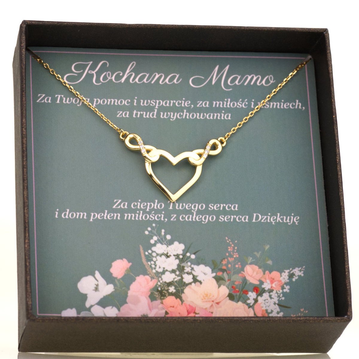 Srebrny Naszyjnik Serce Nieskończoność dla Mamy Dedykacja Prezent pozłacany