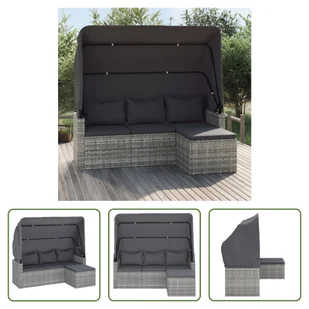 The Living Store 3-osobowa sofa ogrodowa z daszkiem i podnóżkiem z szarego polirattanu - Sofy ogrodowe - miniaturka - grafika 1