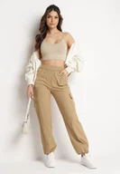 Spodnie damskie - Beżowe Bawełniane Bojówki z Naszytymi Kieszeniami i Ściągaczami Spodnie Rinea - miniaturka - grafika 1