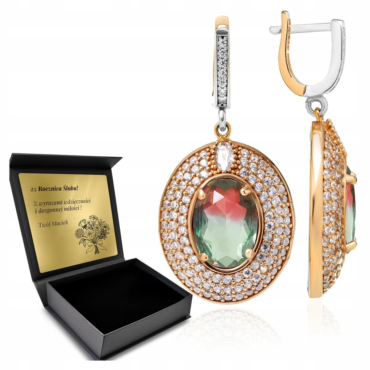 Kolczyki Srebrne 925 Cyrkonie Turmalin Biżuteria Dla Kobiety + Grawer
