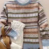 Swetry damskie - TEMU Sweter Damski w Stylu Vintage z Kwiatowym i Geometrycznym Wzorem - Przytulny, Długi Rękaw, Okrągły Dekolt, Beżowy, Brązowy, Niebiesko-Biały - miniaturka - grafika 1