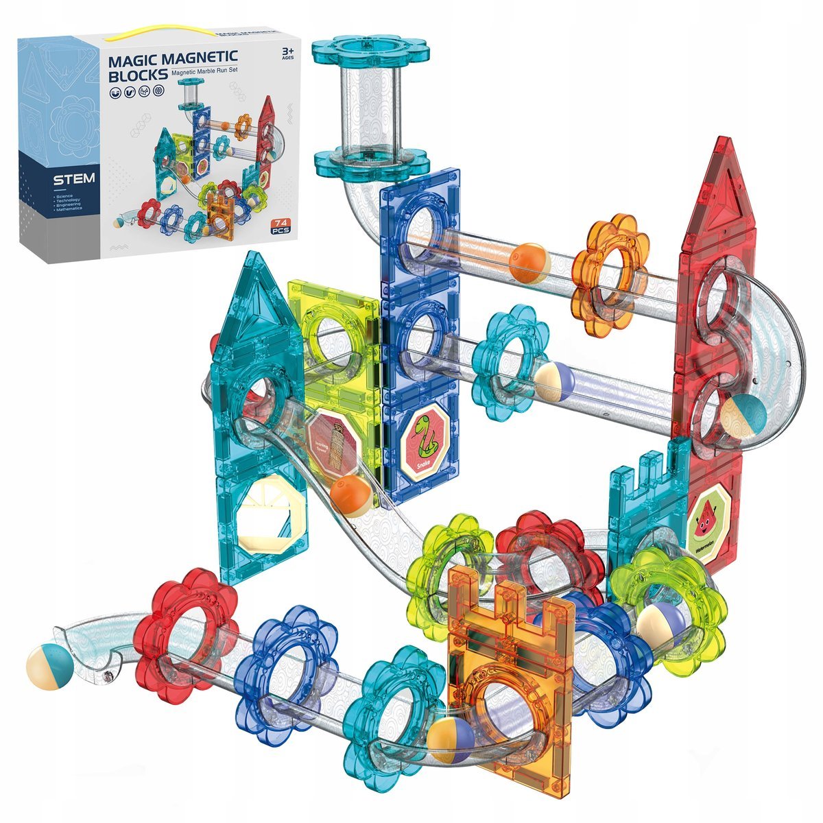 Tor Magnetyczny Dla Dzieci Tor Kulkowy Klocki Edukacyjne Panele Zestaw 74El