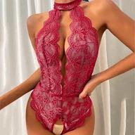 Body - Koronkowe body z chokerem - S Bordowy - miniaturka - grafika 1