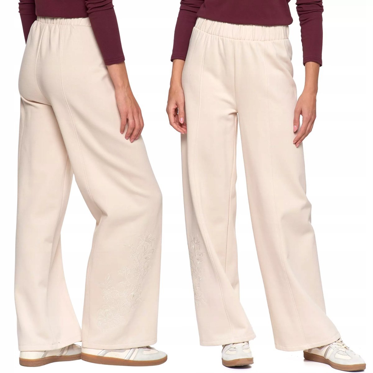 Spodnie Damskie Dresowe Ocieplane Z Szeroką Nogawką I Haftem Moraj L Ecru