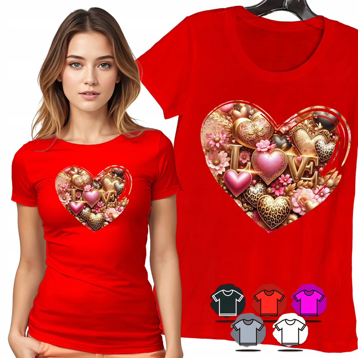 KOSZULKA DAMSKA T-SHIRT - SERCE LOVE ZŁOTE OZDOBY ELEGANCKI PREZENT - M