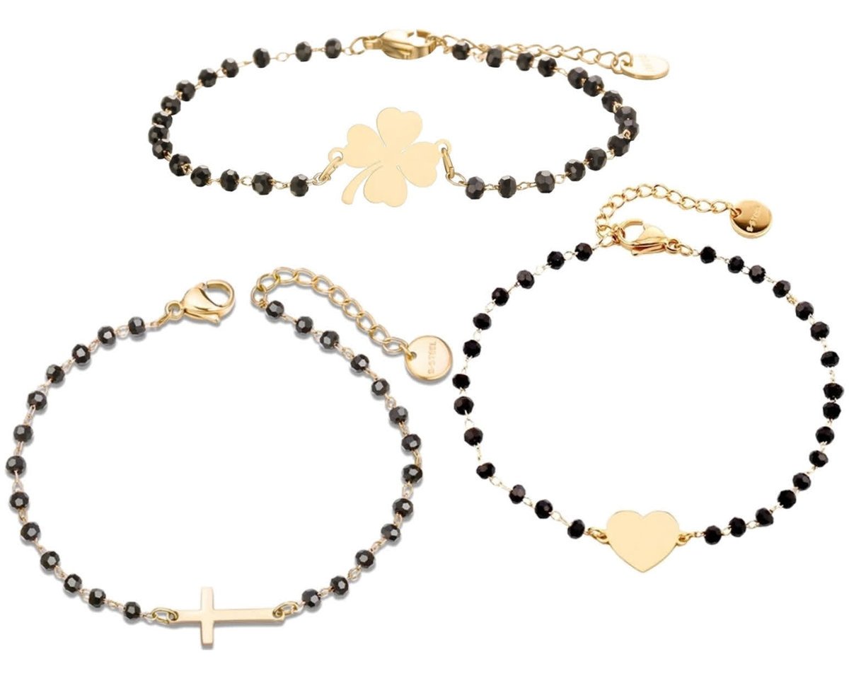 Zestaw 3 bransoletek koraliki stal chirurgiczna serce krzyż koniczyna złote