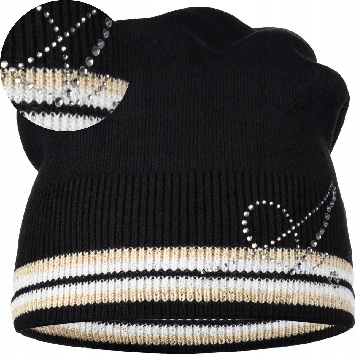 Damska Czapka Beanie Jesienna Zimowa Zimę Zdobiona Polska Marka Czarna