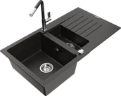 Zlewozmywaki z baterią - Mexen Matias zlewozmywak granitowy 1,5-komorowy z ociekaczem i baterią kuchenną Flora, czarny/złoty metalik - 6502-75-670401-07 - miniaturka - grafika 1