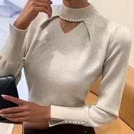 Swetry damskie - TEMU Elegancki top damski z długim rękawem - jednokolorowy, ozdobiony perłami, okrągły dekolt, miękki i przytulny, idealny na jesień/zimę, doskonały - miniaturka - grafika 1