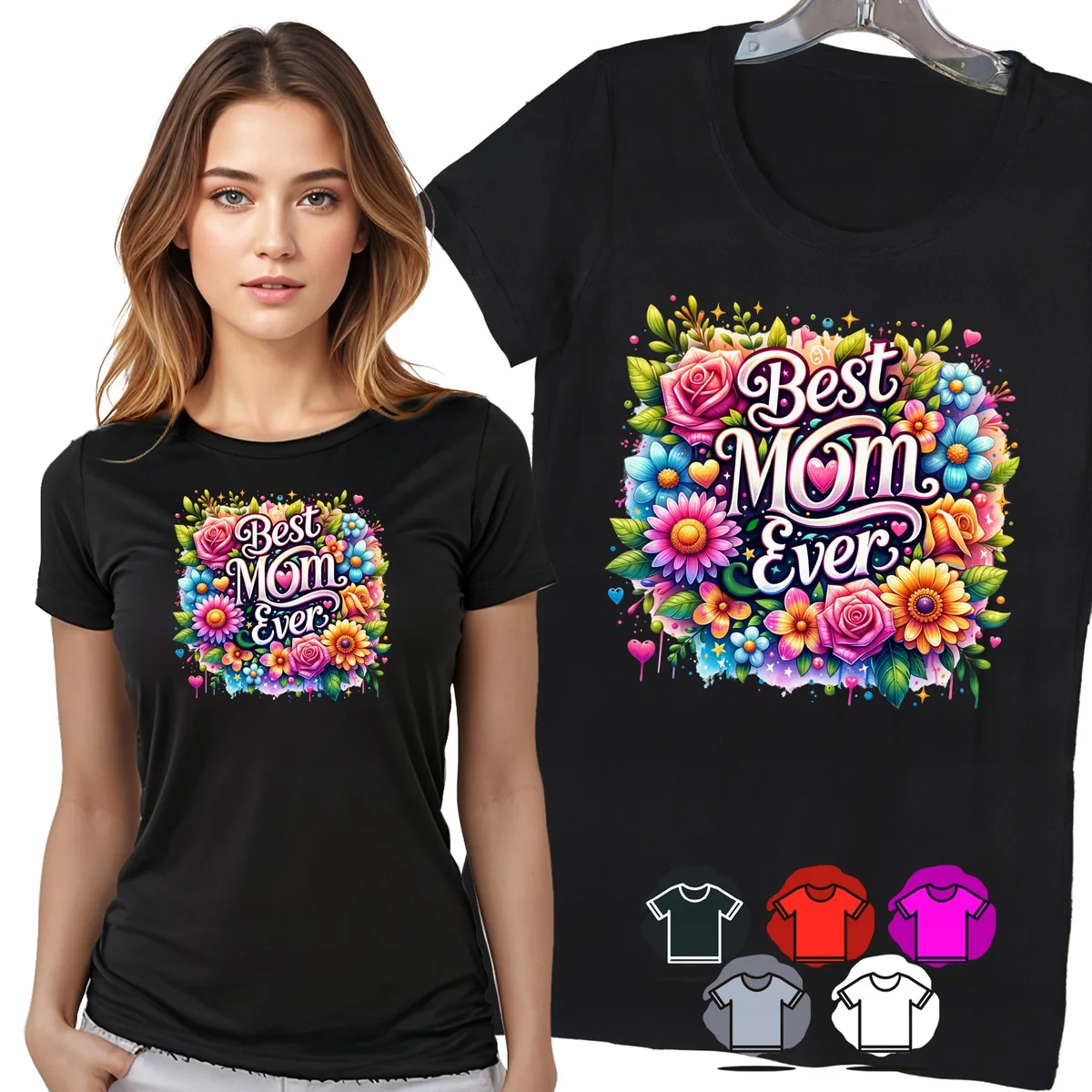 KOSZULKA DAMSKA T-SHIRT - BEST MOM EVER KWIATY RÓŻE PREZENT DAMSKI - XL