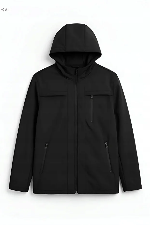 CZARNA MĘSKA KURTKA SOFTSHELL Z KAPTUREM SPORTOWA L 5IA